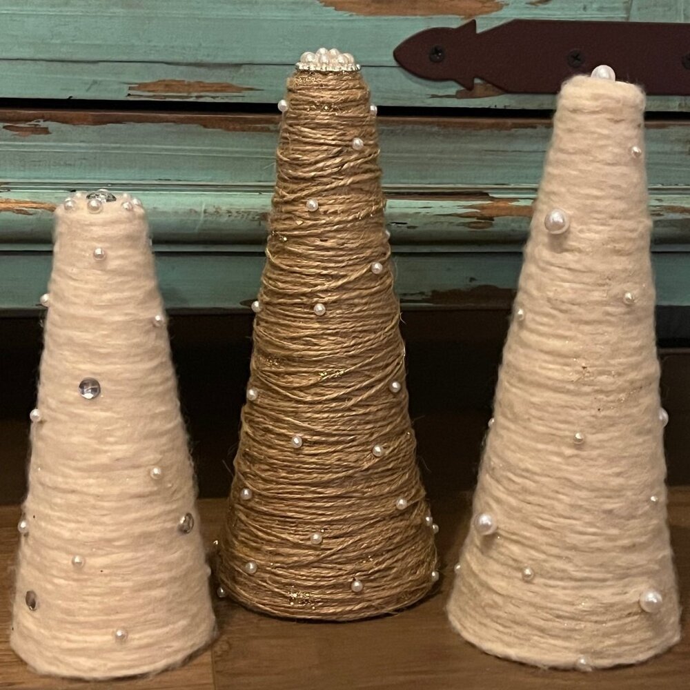 Set Of 3 Natural Colors Creamy White & Khaki Trees Cone Trees Yarn Rope Twine